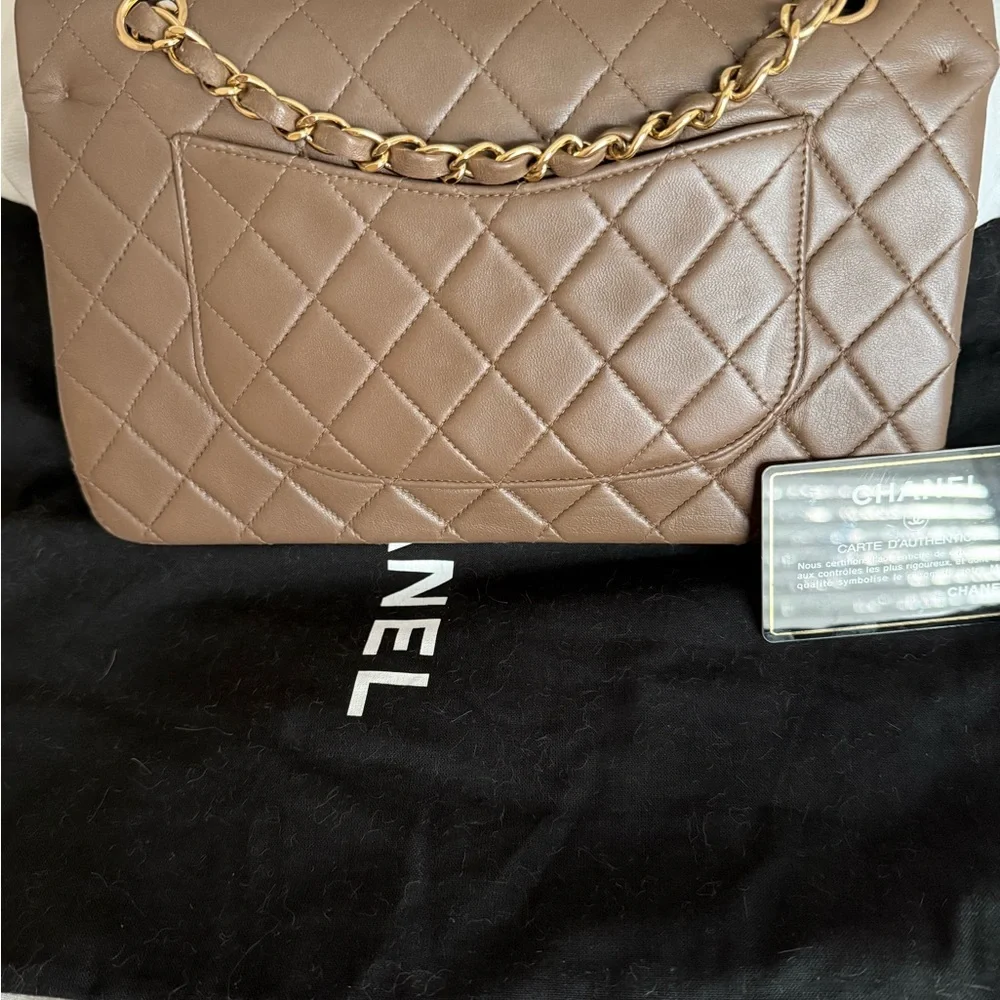 Chanel classic Medium double flap 24K gold hardware in Brown card COA duster